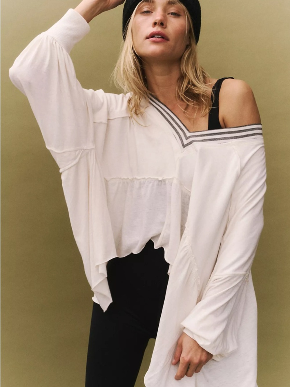 FP Movement by Free People Relaxed Off-Shoulder Cream Tunic with Striped Trim